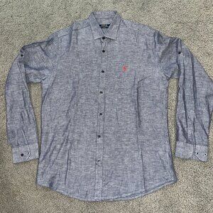 Polo Ralph Lauren Men's Sz Large Slim Fit 100% Linen Chambray Shirt Red Pony EUC
